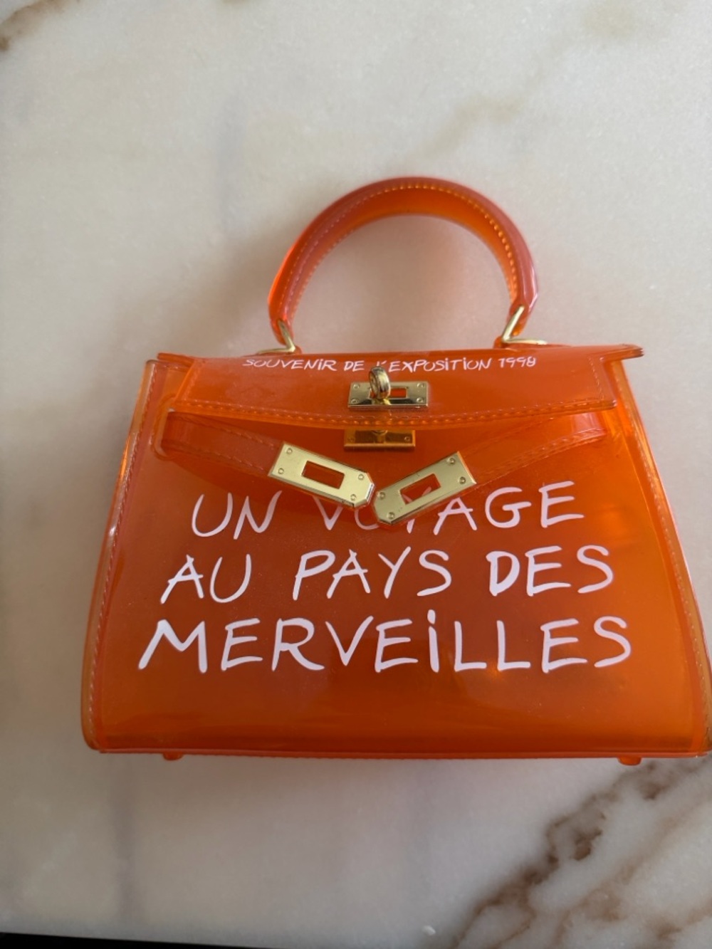 Orange Clear Top-Handle Women’s Bag with White Script
